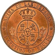 Spain Centimo Isabel II 1868 OM KM# 633.5 REINA DE LAS ESPAÑAS 1 CENTIMO DE ESCUDO OM coin reverse Spain Centimo Isabel II 1868 OM KM# 633.5 REINA DE LAS ESPAÑAS 1 CENTIMO DE ESCUDO OM coin reverse