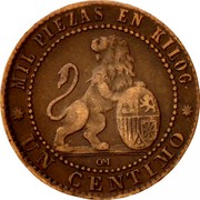 Spain Centimo Provisional Government 1870 OM KM# 660 MIL PIEZAS EN KILOG OM UN CENTIMO coin reverse Spain Centimo Provisional Government 1870 OM KM# 660 MIL PIEZAS EN KILOG OM UN CENTIMO coin reverse