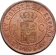 Spain 1 C Alfonso XIII 4th portrait 1906 (6) SL-V KM# 726 REY CONSTL DE ESPAÑA 1 C S L 1906 V coin reverse Spain 1 C Alfonso XIII 4th portrait 1906 (6) SL-V KM# 726 REY CONSTL DE ESPAÑA 1 C S L 1906 V coin reverse