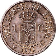 Spain 1 C Alfonso XIII 5th portrait 1911 (1) PC-V KM# 731 REY CONSTL DE ESPAÑA 1 C P C 1912 V coin reverse Spain 1 C Alfonso XIII 5th portrait 1911 (1) PC-V KM# 731 REY CONSTL DE ESPAÑA 1 C P C 1912 V coin reverse