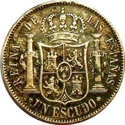 Spain Escudo Isabel II 1868 (68) KM# 626.1 REINA DE LAS ESPAÑAS UN ESCUDO coin reverse Spain Escudo Isabel II 1868 (68) KM# 626.1 REINA DE LAS ESPAÑAS UN ESCUDO coin reverse