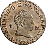 Spain 1 M Fernando VII 1825 PP KM# 121 FERDIN III D G NAVARRAE REX 1 M 1825 coin obverse Spain 1 M Fernando VII 1825 PP KM# 121 FERDIN III D G NAVARRAE REX 1 M 1825 coin obverse