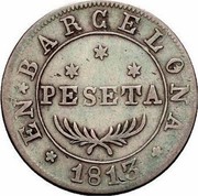Spain Peseta Barcelona 1813 KM# 70 PESETA EN BARCELONA 1813 coin obverse Spain Peseta Barcelona 1813 KM# 70 PESETA EN BARCELONA 1813 coin obverse