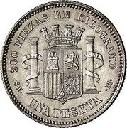 Spain Peseta Provisional Government 1869 SN-M KM# 652 200 PIEZAS EN KILOGRAMO SN UNA PESETA M coin reverse Spain Peseta Provisional Government 1869 SN-M KM# 652 200 PIEZAS EN KILOGRAMO SN UNA PESETA M coin reverse