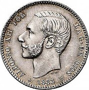 Spain Peseta Alfonso XII 1885 (85) MS-M KM# 686 ALFONSO XII POR LA G DE DIOS 1883 coin obverse Spain Peseta Alfonso XII 1885 (85) MS-M KM# 686 ALFONSO XII POR LA G DE DIOS 1883 coin obverse