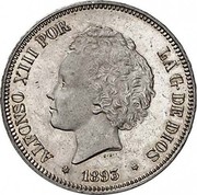 Spain Peseta Alfonso XIII 1893 (93) PG-L KM# 702 ALFONSO XIII POR LA G DE DIOS 1893 coin obverse Spain Peseta Alfonso XIII 1893 (93) PG-L KM# 702 ALFONSO XIII POR LA G DE DIOS 1893 coin obverse