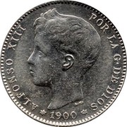 Spain Una Peseta Alfonso XIII 3rd portrait 1900 (00) SM-V KM# 706 ALFONSO XIII POR LA G DE DIOS BM 1900 coin obverse Spain Una Peseta Alfonso XIII 3rd portrait 1900 (00) SM-V KM# 706 ALFONSO XIII POR LA G DE DIOS BM 1900 coin obverse