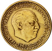Spain Peseta Francisco Franco 1st portrait 1946 (48) KM# 775 FRANCISCO FRANCO CAUDILLO DE ESPAÑA POR LA G.DE DIOS 1963 coin obverse Spain Peseta Francisco Franco 1st portrait 1946 (48) KM# 775 FRANCISCO FRANCO CAUDILLO DE ESPAÑA POR LA G.DE DIOS 1963 coin obverse