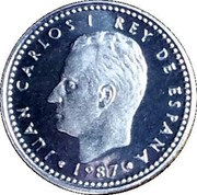 Spain Peseta Juan Carlos I 1987/E-87 Proof KM# 828 JUAN CARLOS I REY DE ESPAÑA 1987 coin obverse Spain Peseta Juan Carlos I 1987/E-87 Proof KM# 828 JUAN CARLOS I REY DE ESPAÑA 1987 coin obverse