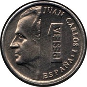 Spain Peseta Juan Carlos I 1989 KM# 832 JUAN CARLOS I 1 PESETA ESPAÑA coin obverse Spain Peseta Juan Carlos I 1989 KM# 832 JUAN CARLOS I 1 PESETA ESPAÑA coin obverse