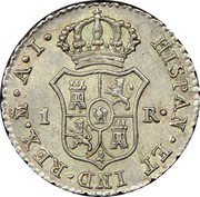 Spain 1 R Joseph Napolean 1812 AI KM# 553 HISPANIARUM ET IND REX M A I 1 R coin reverse Spain 1 R Joseph Napolean 1812 AI KM# 553 HISPANIARUM ET IND REX M A I 1 R coin reverse