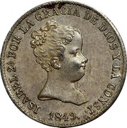 Spain 1 Rl Isabel II 1849 CL KM# 518.1 ISABEL 2ª POR LA GRACIA DE DIOS Y LA CONST 1849 coin obverse Spain 1 Rl Isabel II 1849 CL KM# 518.1 ISABEL 2ª POR LA GRACIA DE DIOS Y LA CONST 1849 coin obverse