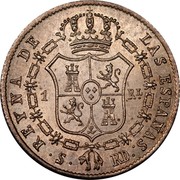 Spain Real Sevilla 1852 RD KM# 518.4 REYNA DE LAS ESPAÑAS S RD 1 RL coin reverse Spain Real Sevilla 1852 RD KM# 518.4 REYNA DE LAS ESPAÑAS S RD 1 RL coin reverse