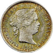 Spain Real (2 Reales de Vellon) Isabel II 1859 KM# 606.2 ISABEL 2A POR LA G DE DIOS Y LA CONST 1859 coin obverse Spain Real (2 Reales de Vellon) Isabel II 1859 KM# 606.2 ISABEL 2A POR LA G DE DIOS Y LA CONST 1859 coin obverse