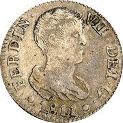 Spain R 1 (Fernando VII) KM# 463.1 FERDIN VII DEI G 1811 coin obverse Spain R 1 (Fernando VII) KM# 463.1 FERDIN VII DEI G 1811 coin obverse