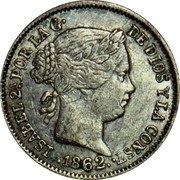 Spain Real (2 Reales de Vellon) Isabel II 1862 KM# 606.3 ISABEL 2A POR LA G DE DIOS Y LA CONST 1863 coin obverse Spain Real (2 Reales de Vellon) Isabel II 1862 KM# 606.3 ISABEL 2A POR LA G DE DIOS Y LA CONST 1863 coin obverse