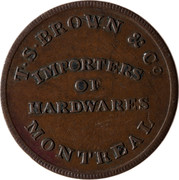 Canada 1/2 Penny Montreal Token TS Brown & Co ND LC-15A1 T.S. BROWN & CO IMPORTERS OF HARDWARES MONTREAL coin reverse Canada 1/2 Penny Montreal Token TS Brown & Co ND LC-15A1 T.S. BROWN & CO IMPORTERS OF HARDWARES MONTREAL coin reverse