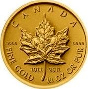 Canada 10 Dollars Maple leaf 1911-2011 KM# 1140 CANADA 9999 9999 FINE GOLD 1/4 OZ OR PUR coin reverse Canada 10 Dollars Maple leaf 1911-2011 KM# 1140 CANADA 9999 9999 FINE GOLD 1/4 OZ OR PUR coin reverse