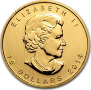 Canada 10 Dollars Maple Leaf 2014 ELIZABETH II 10 DOLLARS 2015 coin obverse Canada 10 Dollars Maple Leaf 2014 ELIZABETH II 10 DOLLARS 2015 coin obverse