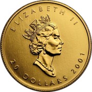 Canada 20 Dollars Holographic Maple Leaves 2001 KM# 441 ELIZABETH II 20 DOLLARS 2001 coin obverse Canada 20 Dollars Holographic Maple Leaves 2001 KM# 441 ELIZABETH II 20 DOLLARS 2001 coin obverse
