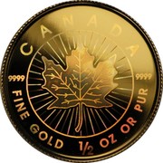 Canada 20 Dollars Holographic Maple Leaves 2001 KM# 441 CANADA FINE GOLD 1/2 OZ OR PUR 9999 9999 coin reverse Canada 20 Dollars Holographic Maple Leaves 2001 KM# 441 CANADA FINE GOLD 1/2 OZ OR PUR 9999 9999 coin reverse