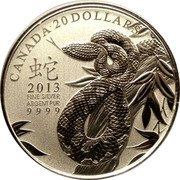 Canada 20 Dollars Year of the Snake 2013 Proof KM# 1365 CANADA 20 DOLLARS 蛇 2013 FINE SILVER ARGENT PUR 9999 coin reverse