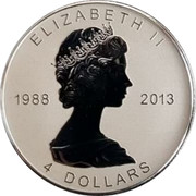 Canada 4 Dollars Three Maple Leaves 2013 Proof KM# 1409 ELIZABETH II 1988 2013 4 DOLLARS coin obverse Canada 4 Dollars Three Maple Leaves 2013 Proof KM# 1409 ELIZABETH II 1988 2013 4 DOLLARS coin obverse