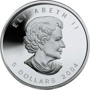 Canada 5 Dollars Maple Leaf 2004 Mint logo privy mark KM# 625 ELIZABETH II 5 DOLLARS coin obverse Canada 5 Dollars Maple Leaf 2004 Mint logo privy mark KM# 625 ELIZABETH II 5 DOLLARS coin obverse