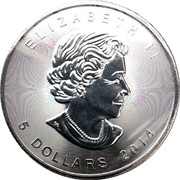 Canada 5 Dollars Maple Leaf (Red) 2014 Proof KM# 1809 ELIZABETH II 5 DOLLARS 2014 coin obverse Canada 5 Dollars Maple Leaf (Red) 2014 Proof KM# 1809 ELIZABETH II 5 DOLLARS 2014 coin obverse