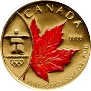 Canada 50 Dollars XXI winter Olympic Games - Vancouver Colored 2008 KM# 1042a 9999 / CANADA / FINE GOLD 1OZ OR PUR / VANCOUVER 2010 coin reverse