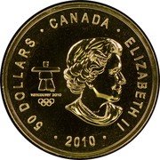 Canada 50 Dollars Vancouver Olympics 2010 KM# 1029a 50 DOLLARS CANADA ELIZABETH II 2010 coin obverse Canada 50 Dollars Vancouver Olympics 2010 KM# 1029a 50 DOLLARS CANADA ELIZABETH II 2010 coin obverse