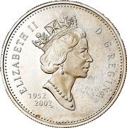 Canada Dollar Golden Jubilee 1952-2002 KM# 443 ELIZABETH II D ∙ G ∙ REGINA 1952 2002 coin obverse Canada Dollar Golden Jubilee 1952-2002 KM# 443 ELIZABETH II D ∙ G ∙ REGINA 1952 2002 coin obverse