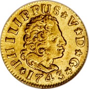 Spain 1/2 Escudo (Felipe V) KM# 361.2 PHILIPPUS V D G 1743 coin obverse Spain 1/2 Escudo (Felipe V) KM# 361.2 PHILIPPUS V D G 1743 coin obverse