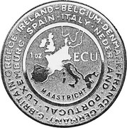Spain 1 ECU Maastricht Assembly 1992 Proof X# M39 1 OZ ECU MASTRICHT SPAIN ITALY NEDERLAND PORTUGAL LUXEMBURG IRELAND BELGIUM DENMARK FRANCE GERMANY G-BRITAIN GREECE coin obverse Spain 1 ECU Maastricht Assembly 1992 Proof X# M39 1 OZ ECU MASTRICHT SPAIN ITALY NEDERLAND PORTUGAL LUXEMBURG IRELAND BELGIUM DENMARK FRANCE GERMANY G-BRITAIN GREECE coin obverse