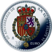 Spain 10 Euro 50th Anniversary King Felipe VI 2018 M M 10 EURO 50 ANIVERSARIO DE S.M. EL REY FELIPE VI coin reverse Spain 10 Euro 50th Anniversary King Felipe VI 2018 M M 10 EURO 50 ANIVERSARIO DE S.M. EL REY FELIPE VI coin reverse