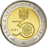 Moldova 10 Lei 30th anniversary of the National Bank of Moldova 2021 BANCA NATIONALĂ A MOLDOVEI 30 ANI NBM coin obverse Moldova 10 Lei 30th anniversary of the National Bank of Moldova 2021 BANCA NATIONALĂ A MOLDOVEI 30 ANI NBM coin obverse