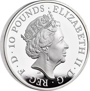 UK 10 Pounds Britannia and the Lion 2021 ELIZABETH II D G REG F D 10 POUNDS JC coin obverse UK 10 Pounds Britannia and the Lion 2021 ELIZABETH II D G REG F D 10 POUNDS JC coin obverse