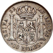Spain 10 Reales (Isabel II) KM# 595.2 10 REALES REINA DE LAS ESPAÑAS coin reverse Spain 10 Reales (Isabel II) KM# 595.2 10 REALES REINA DE LAS ESPAÑAS coin reverse