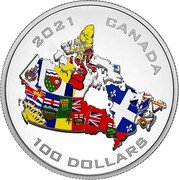 Canada 100 Dollars (Canada’s Provincial and Territorial Flags) 2021 CANADA 100 DOLLARS coin reverse Canada 100 Dollars (Canada’s Provincial and Territorial Flags) 2021 CANADA 100 DOLLARS coin reverse