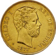 Spain 100 Pesetas (Amadeo I) KM# 668a 1871 AMADEO I REY DE ESPAÑA coin obverse Spain 100 Pesetas (Amadeo I) KM# 668a 1871 AMADEO I REY DE ESPAÑA coin obverse
