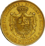 Spain 100 Pesetas (Amadeo I) KM# 668a LEY 900 MILESIMAS 31 PIEZAS EN KILOG S D 100 PESETAS M coin reverse Spain 100 Pesetas (Amadeo I) KM# 668a LEY 900 MILESIMAS 31 PIEZAS EN KILOG S D 100 PESETAS M coin reverse