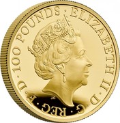 UK 100 Pounds The Queen's Beasts 2021 Proof ELIZABETH II D G REG F D 100 POUNDS J.C coin obverse UK 100 Pounds The Queen's Beasts 2021 Proof ELIZABETH II D G REG F D 100 POUNDS J.C coin obverse