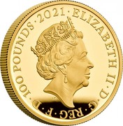 UK 100 Pounds The Tale of Peter Rabbit 2021 Proof ELIZABETH II D G REG F D 100 POUNDS 2021 JC coin obverse UK 100 Pounds The Tale of Peter Rabbit 2021 Proof ELIZABETH II D G REG F D 100 POUNDS 2021 JC coin obverse