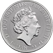 UK 100 Pounds White Horse of Hanover 2021 ELIZABETH II D G REG F D 100 POUNDS coin obverse UK 100 Pounds White Horse of Hanover 2021 ELIZABETH II D G REG F D 100 POUNDS coin obverse