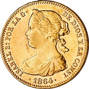 Spain 100 Reales (Isabel II) KM# 617.1 ISABEL 2A. POR LA G DE DIOS Y LA CONST 1864 coin obverse Spain 100 Reales (Isabel II) KM# 617.1 ISABEL 2A. POR LA G DE DIOS Y LA CONST 1864 coin obverse