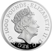 UK 1000 Pounds Britannia and the Lion 2021 ELIZABETH II D G REG F D 1000 POUNDS JC coin obverse
