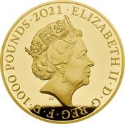 UK 1000 Pounds (The Queen's 95th Birthday) ELIZABETH II D G REG F D 1000 POUNDS 2021 coin obverse UK 1000 Pounds (The Queen's 95th Birthday) ELIZABETH II D G REG F D 1000 POUNDS 2021 coin obverse