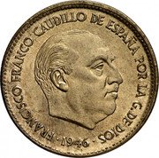 Spain 2.5 Pesetas Franco Trial Strike 1946 (1949) FRANCISCO FRANCO CAUDILLO DE ESPAÑA POR LA G. DE DIOS 1946 coin obverse