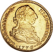Spain 2 Escudos (Carlos III) KM# 417.1 CAROL III D G HISP ET IND R 1776 coin obverse Spain 2 Escudos (Carlos III) KM# 417.1 CAROL III D G HISP ET IND R 1776 coin obverse