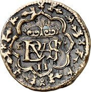 Spain 2 Maravedis Segovia. Pattern 1658  F 2 coin obverse Spain 2 Maravedis Segovia. Pattern 1658  F 2 coin obverse
